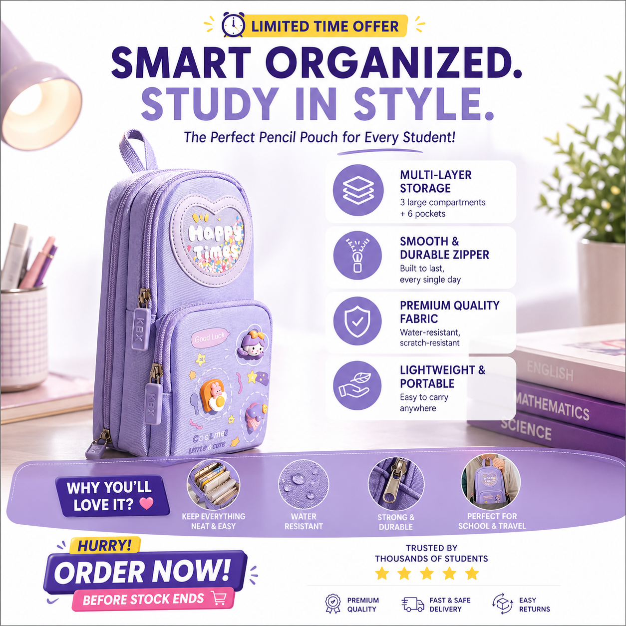 Make Your Child’s School Life Organized. Smart pencil case with multiple compartments  No more messy bags!     Premium Large Capacity Cute Aesthetic Pencil Pouch for Girls & Kids (Purple)
