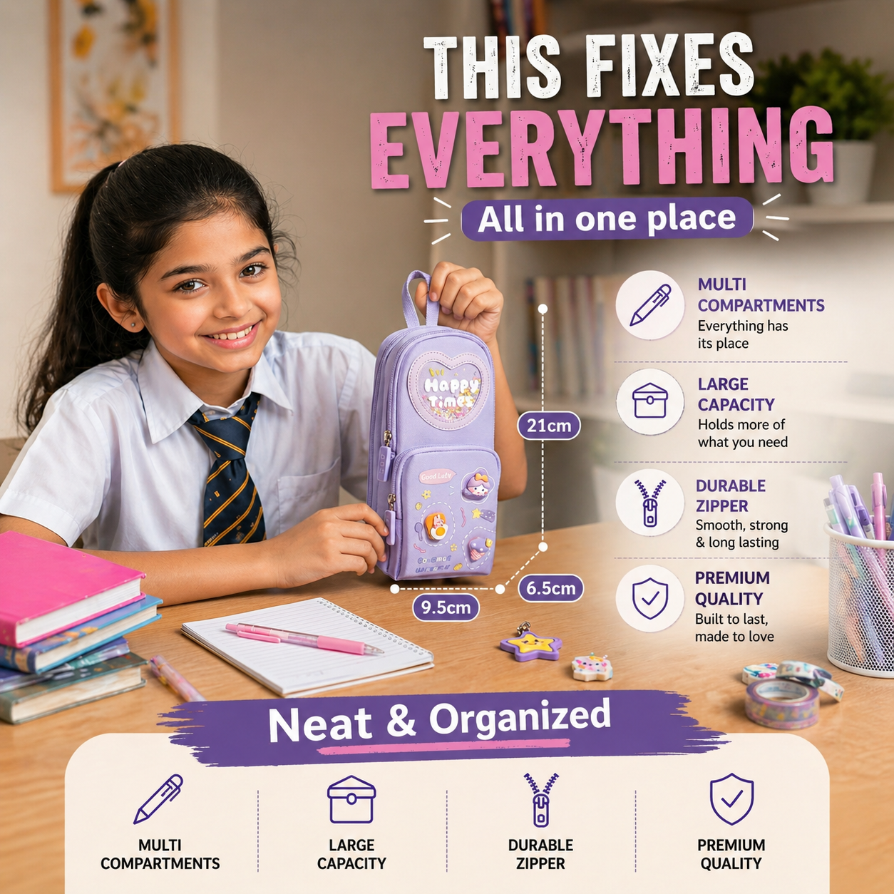 Make Your Child’s School Life Organized. PINK Smart pencil case with multiple compartments  No more messy bags!     Premium Large Capacity Cute Aesthetic Pencil Pouch for Girls & Kids (PINK)