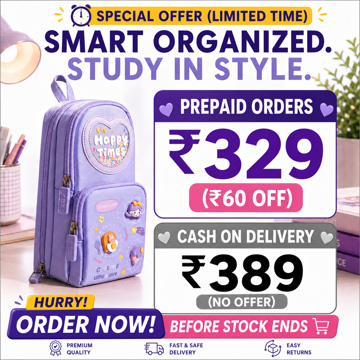 Make Your Child’s School Life Organized. Smart pencil case with multiple compartments  No more messy bags!     Premium Large Capacity Cute Aesthetic Pencil Pouch for Girls & Kids (Purple)