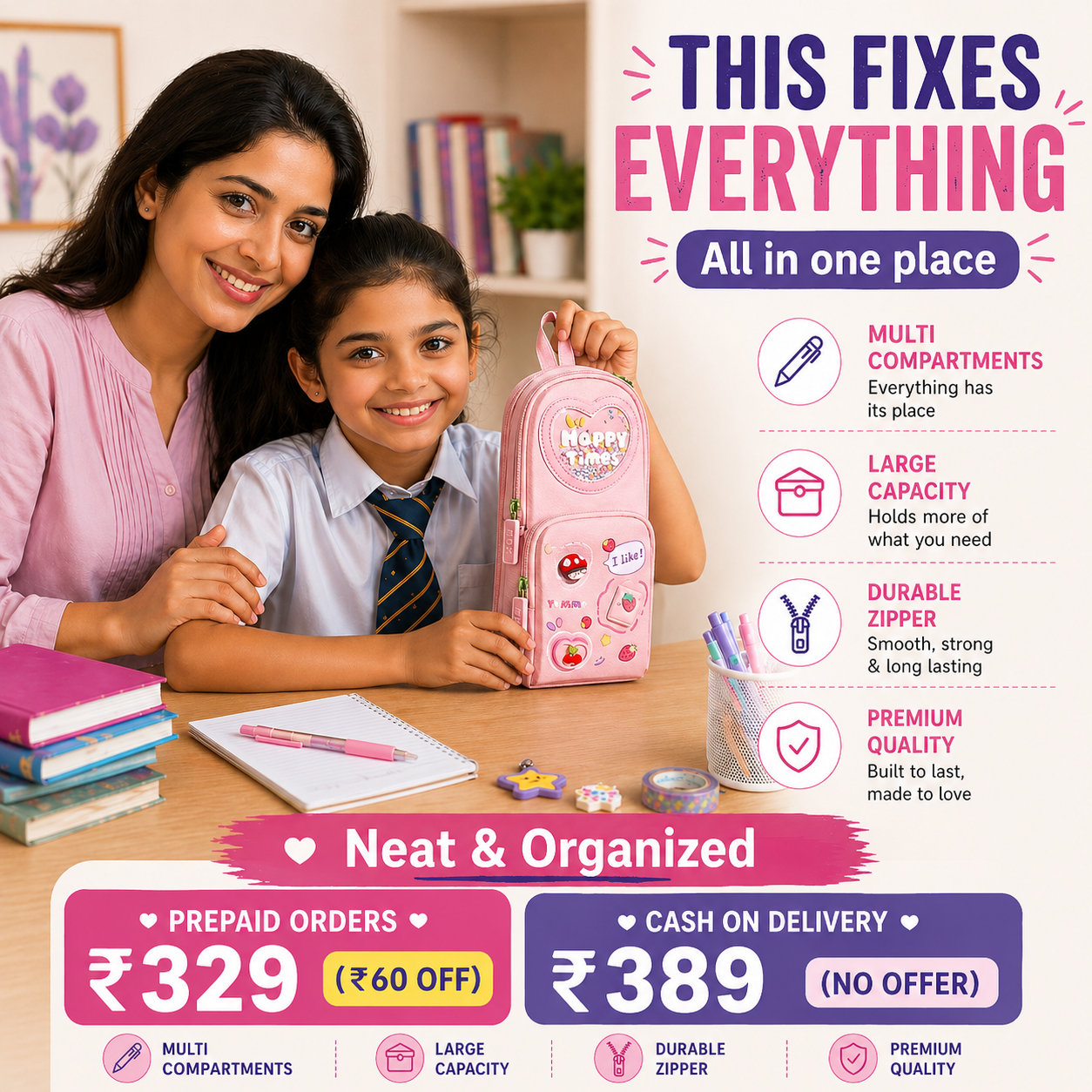 Make Your Child’s School Life Organized. PINK Smart pencil case with multiple compartments  No more messy bags!     Premium Large Capacity Cute Aesthetic Pencil Pouch for Girls & Kids (PINK)