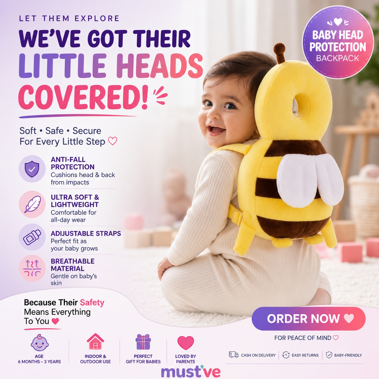Baby Head Protection Backpack – Prevent Painful Falls During First Steps - PREPAID ONLY